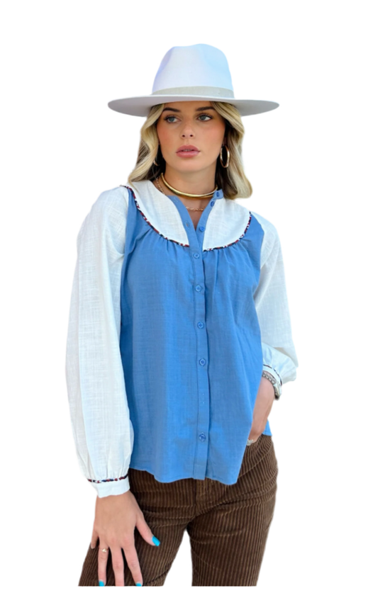 The Rhoda Shirt- White/Periwinkle