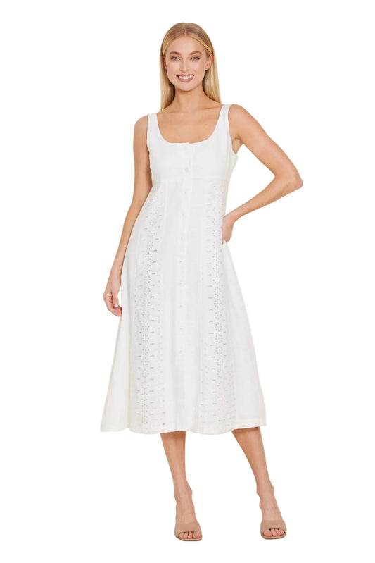 Linen Eyelet Midi Dress- White