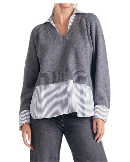 Layered Collar Shirt with Sweater-Grey/Black