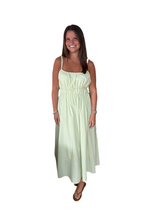 Stripe Elastic Ruching Maxi Dress- Lemon
