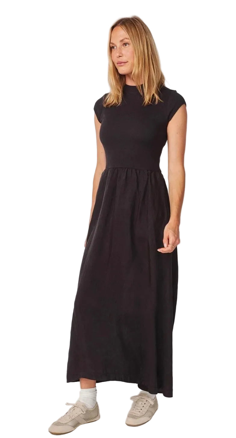 Cap Sleeve Mixed Rib Dress- Washed Black