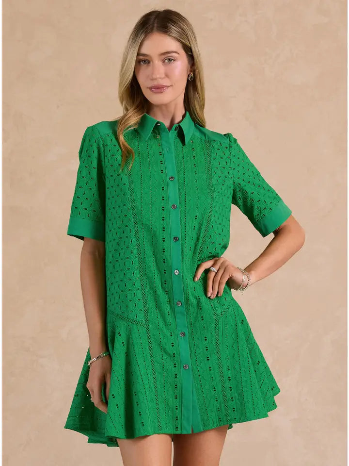 Short Sleeve Button Down Dress- Green