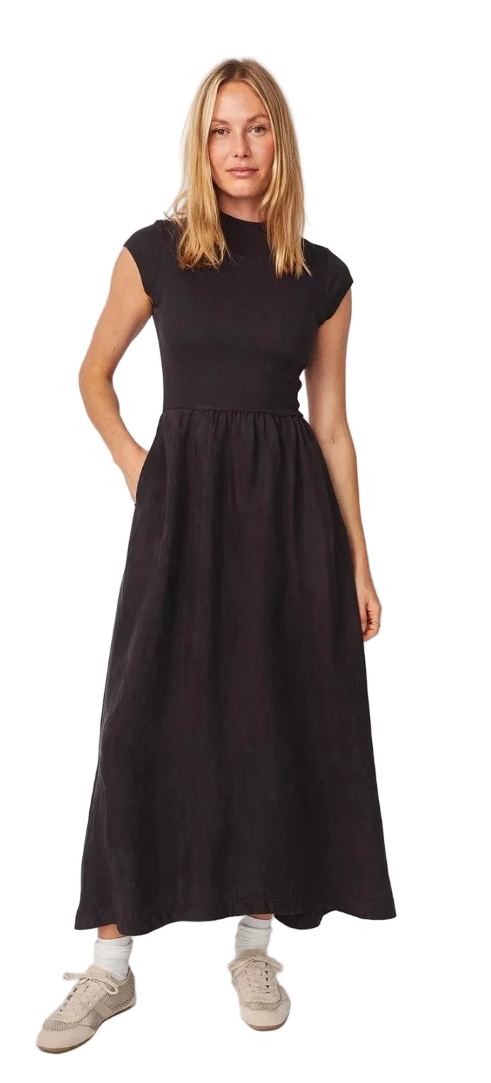 Cap Sleeve Mixed Rib Dress- Washed Black