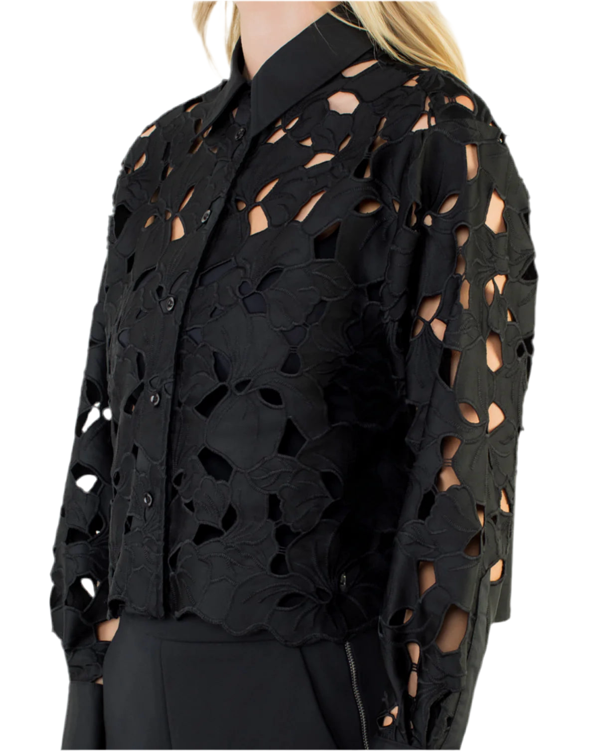 Eyelet Detailed Button Down Shirt- Black