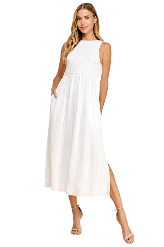 Smocked Midi Dress- White