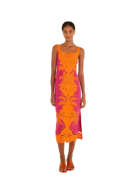 Cutwork Sleeveless Midi Dress- Pink/Orange