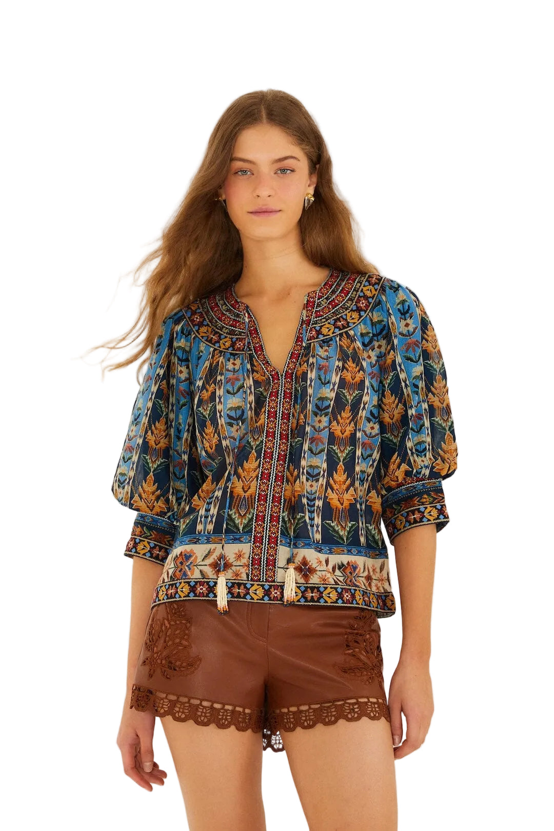 Embroidered Tapestry Short Sleeve Blouse- Blue