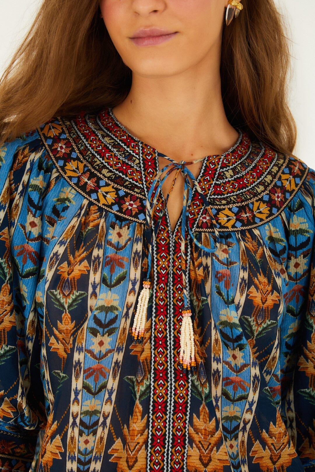 Embroidered Tapestry Short Sleeve Blouse- Blue