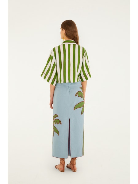 Embroidered Palm Tree Maxi Skirt- Blue