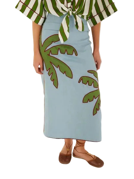 Embroidered Palm Tree Maxi Skirt- Blue