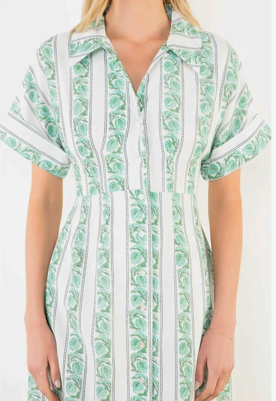 Short Sleeve Printed Button Down Dress- Green