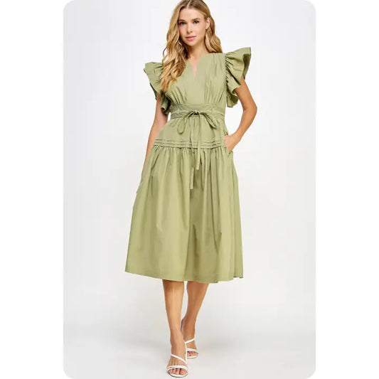 Flutter Sleeve Poplin Midi Dress- Olive