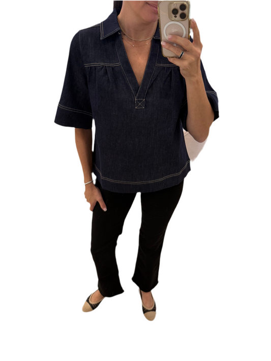 Short Sleeve Denim V-neck Top