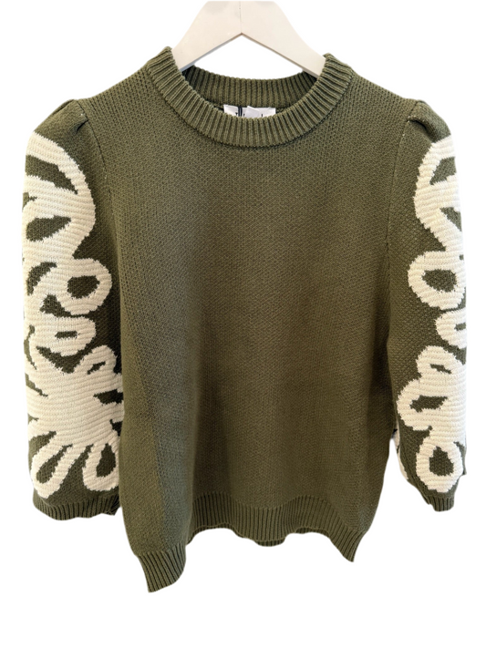 Embroidered Sleeve Knit Top- Green