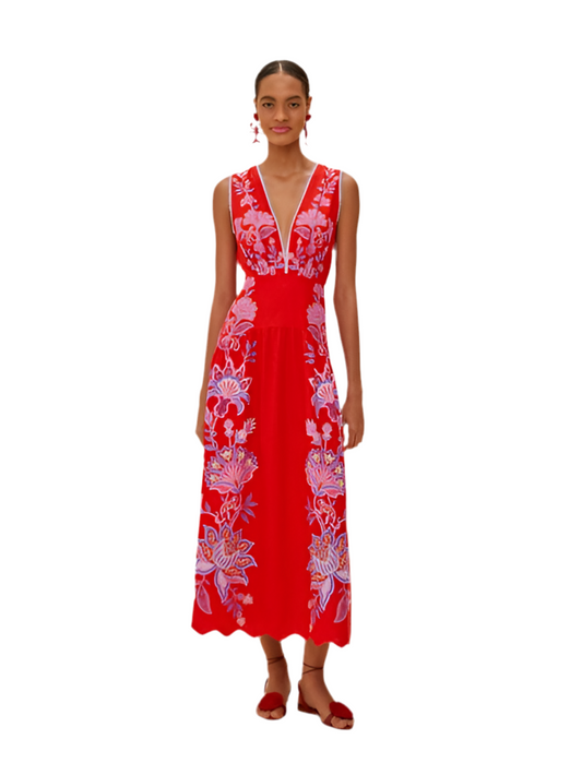 Porcelain Garden Midi Dress- Red