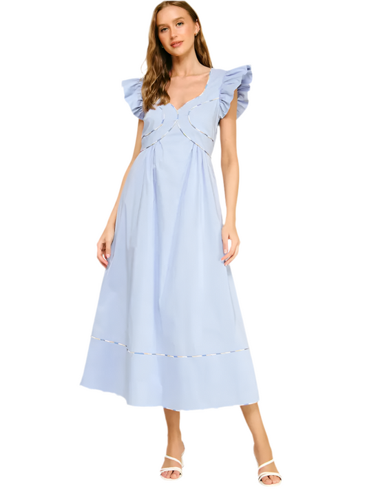 Piped Midi Dress- Chambray