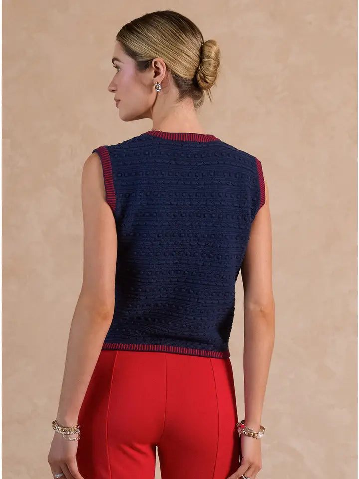 Scoop Neck Sweater Vest- Navy/red