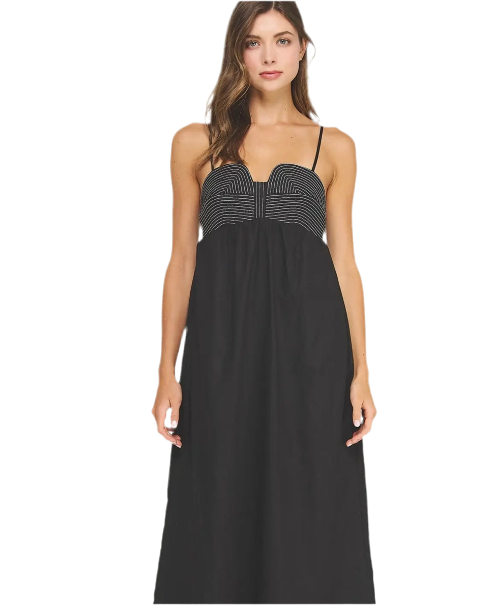 Top Stitch Bustier Linen Midi Dress-Black