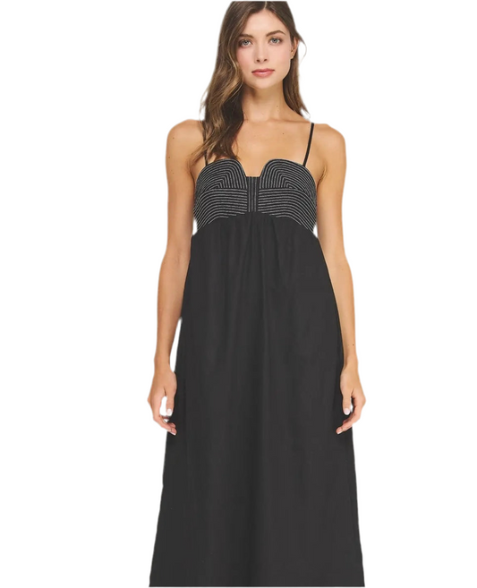 Top Stitch Bustier Linen Midi Dress-Black