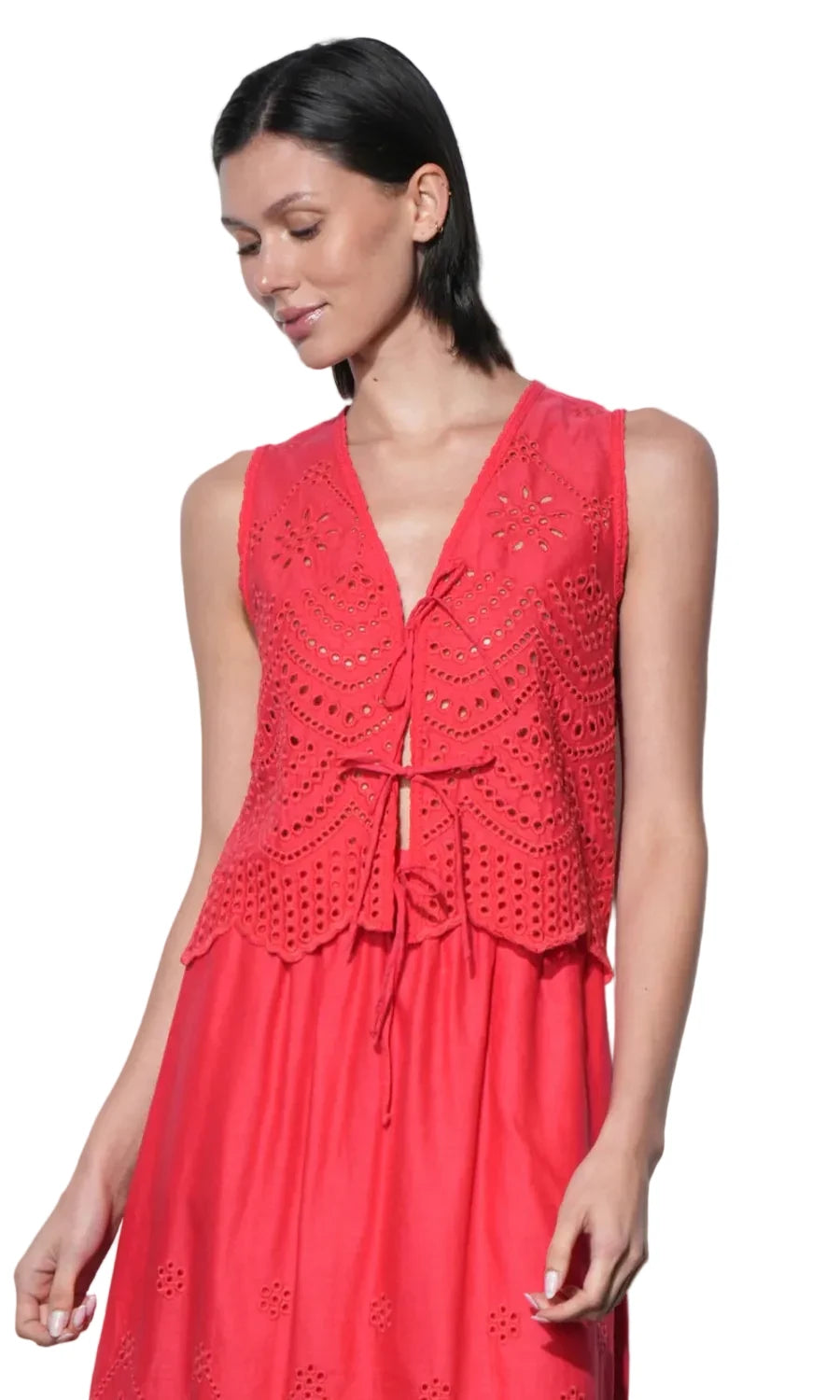 Effie Linen Eyelet Vest Top- Red