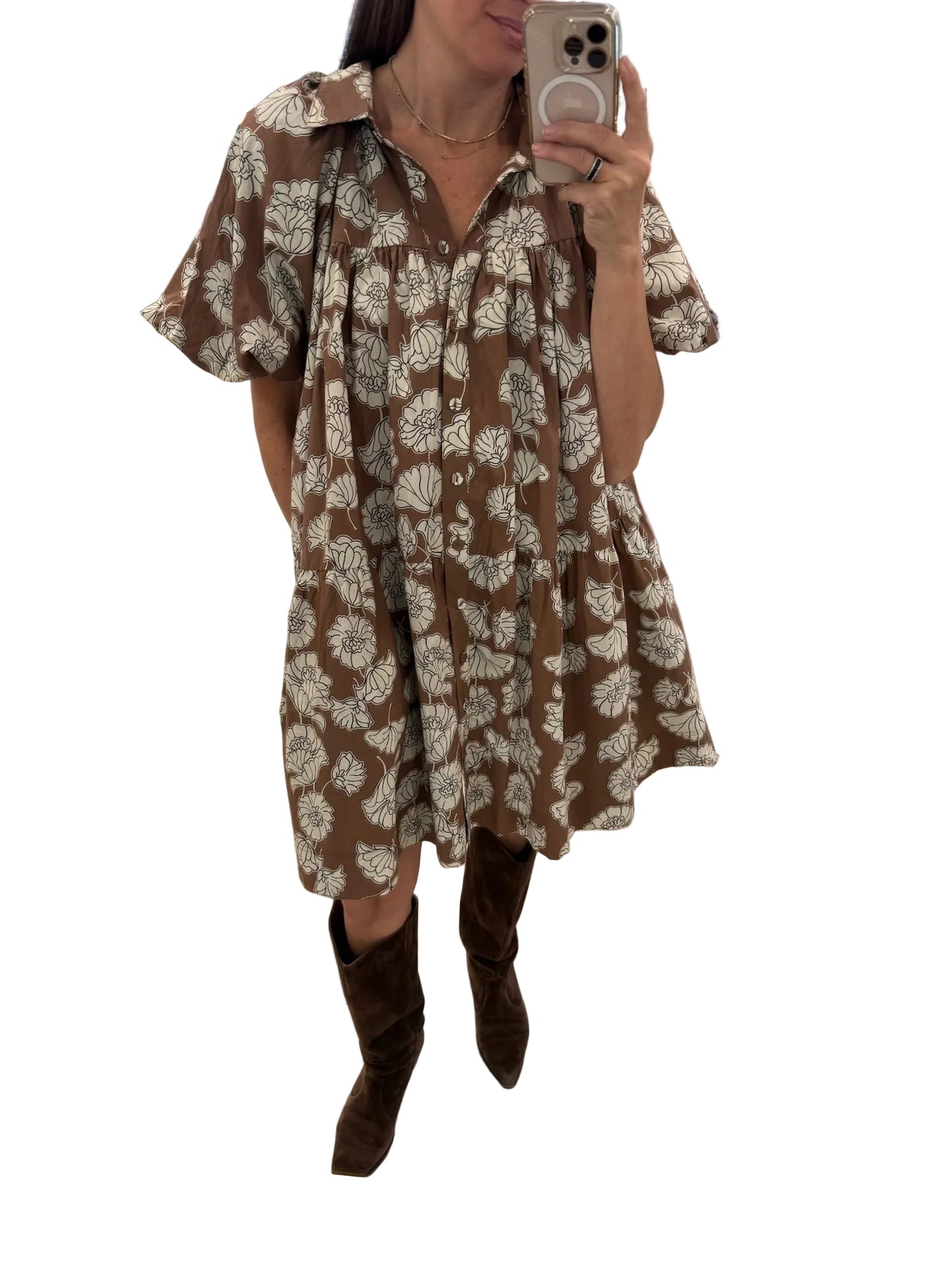 Floral Mini Shirt Dress- Brown