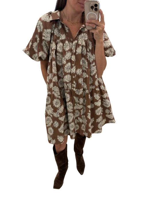 Floral Mini Shirt Dress- Brown