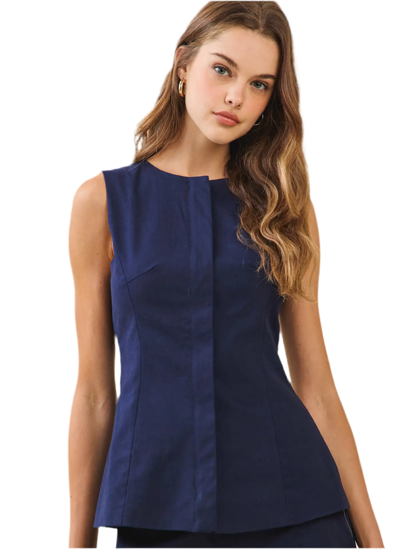 Sleeveless Zip Front Tailored Top- Navy