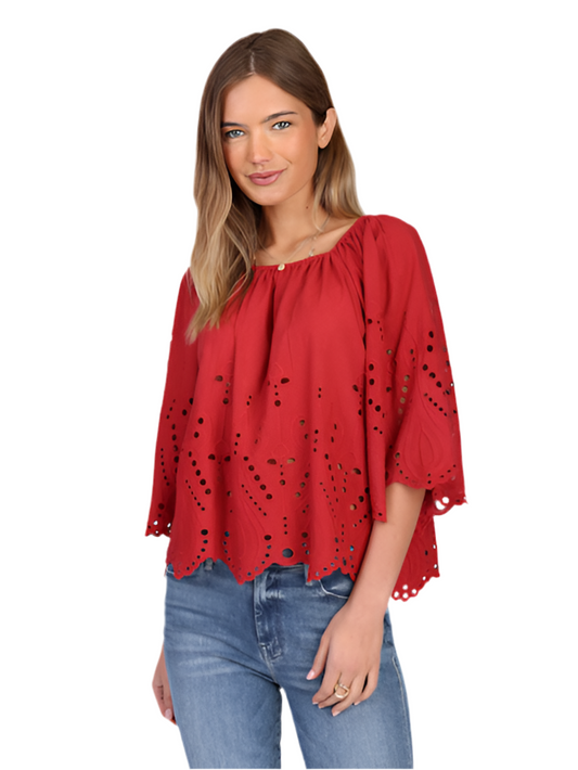 Etta Eyelet Scallop Top- Brick Red