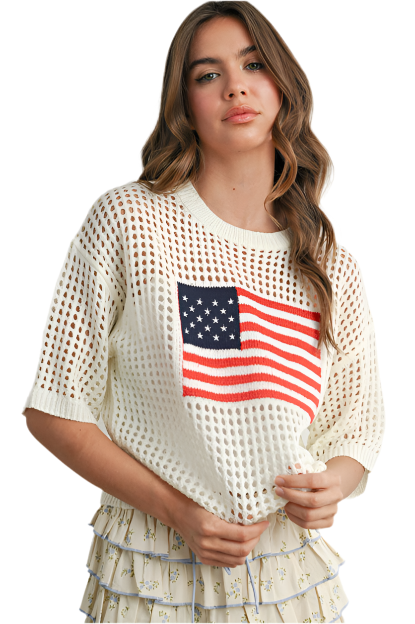Short Sleeve Knit American Flag Top- Ivory