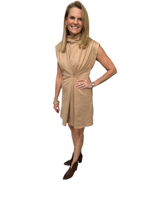 Faux Suede Cowl Dress-Camel