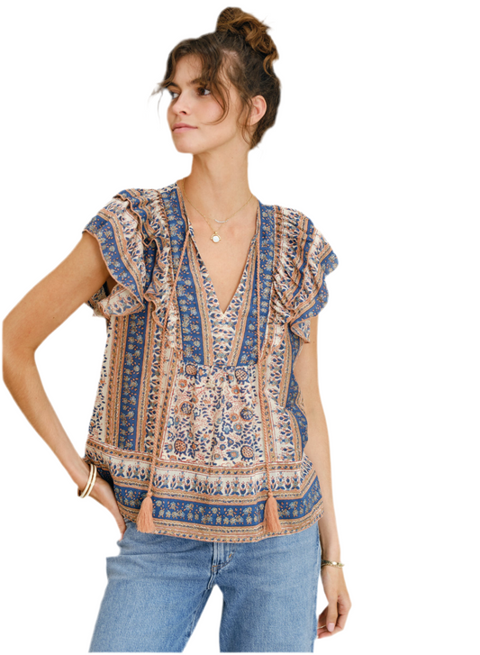 Cass Print Frill Top- Navy
