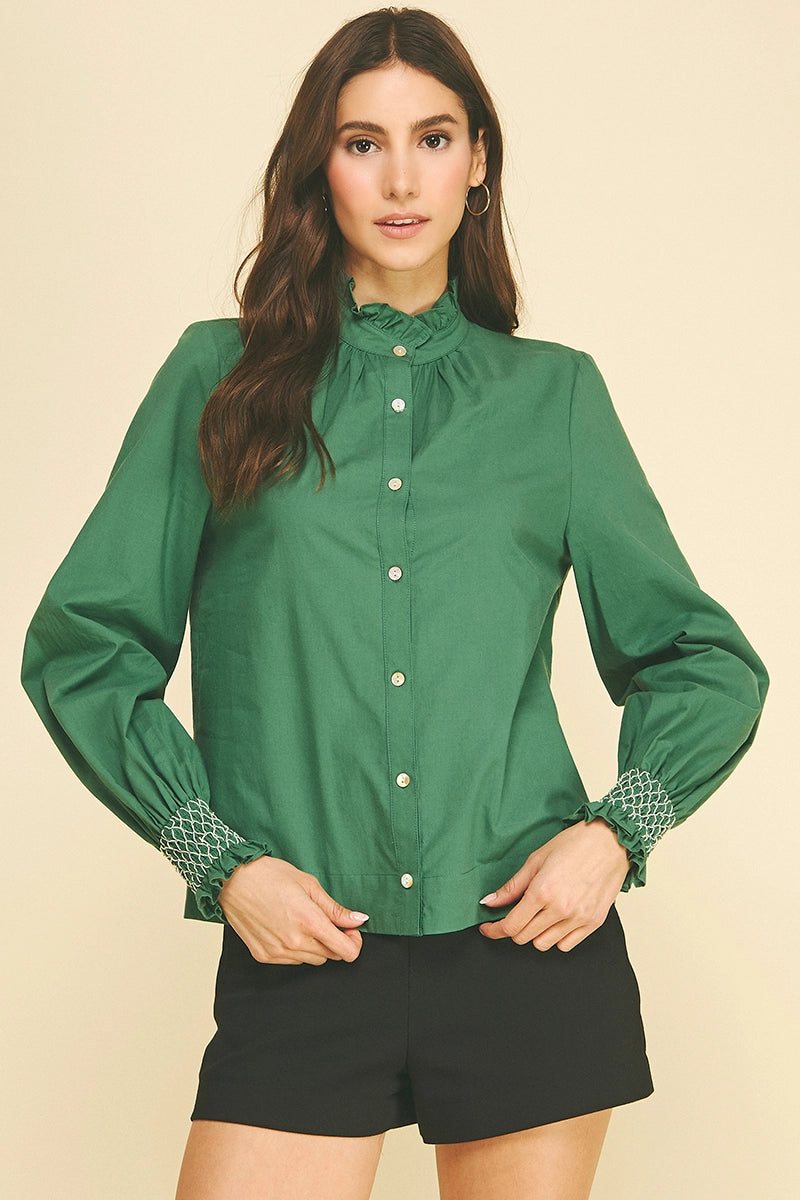 Ruffles Shirt With Smocked Cuff- Green