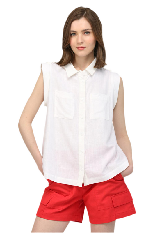 Sleeveless Button Down Linen Top-Off White