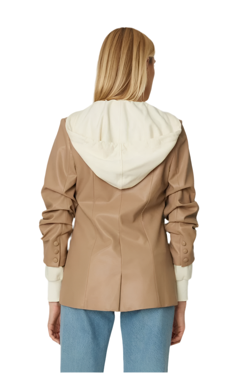 Denise Faux Leather Blazer with Hoodie- Tan/Cream