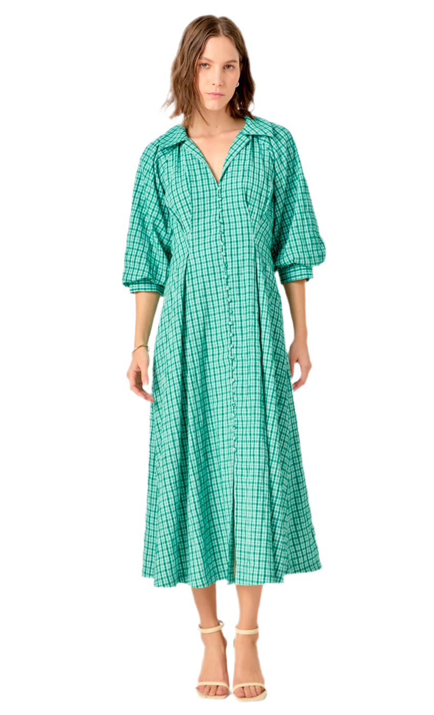 Volume Sleeve Button Down Midi Dress- Green