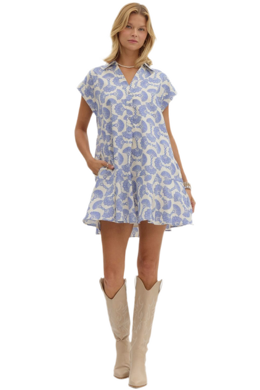 Ginko Printed Mini Dress- Blue