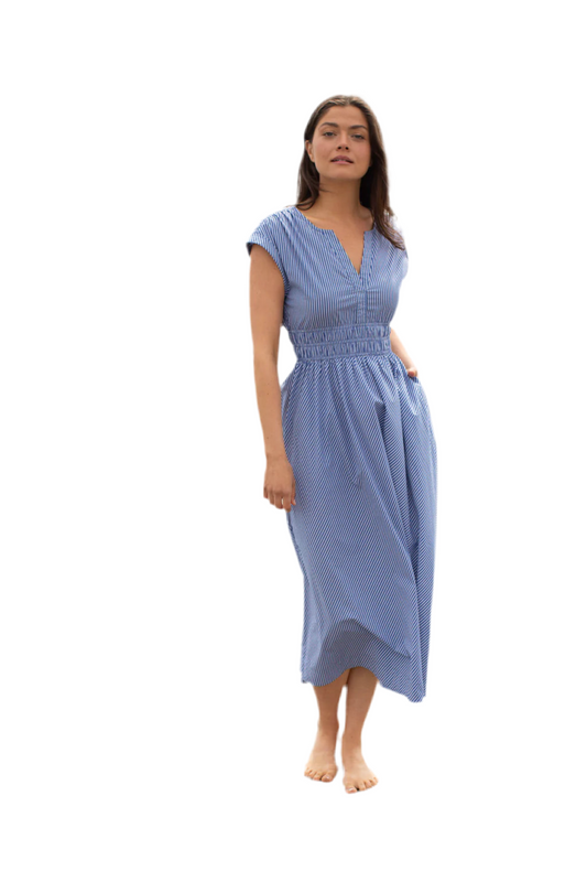 Clara Midi Dress- Blue/White Pinstripe