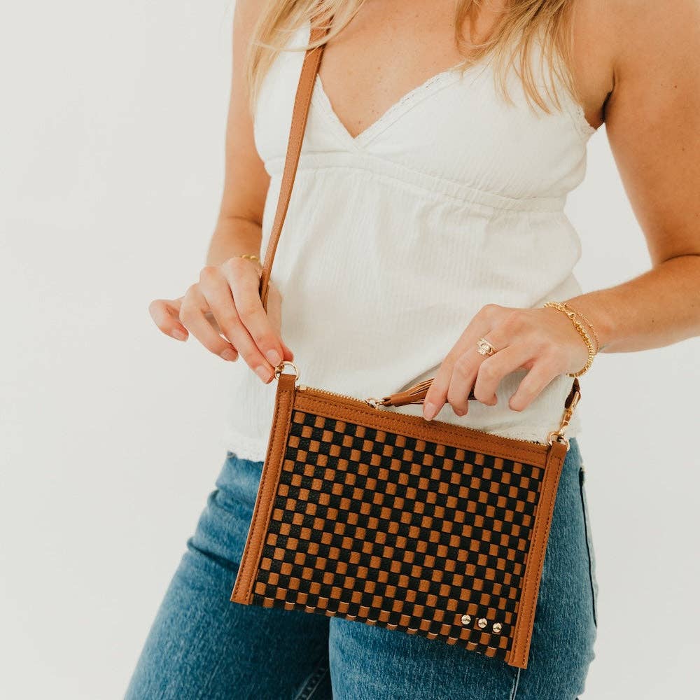 Veda Woven Crossbody and Clutch Bag- Checkered Coffee