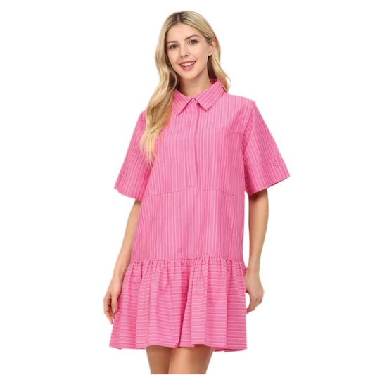 Striped Poplin Drop waist Dress-Pink