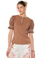 Puff Sleeve Ribbed Knit Top- brown