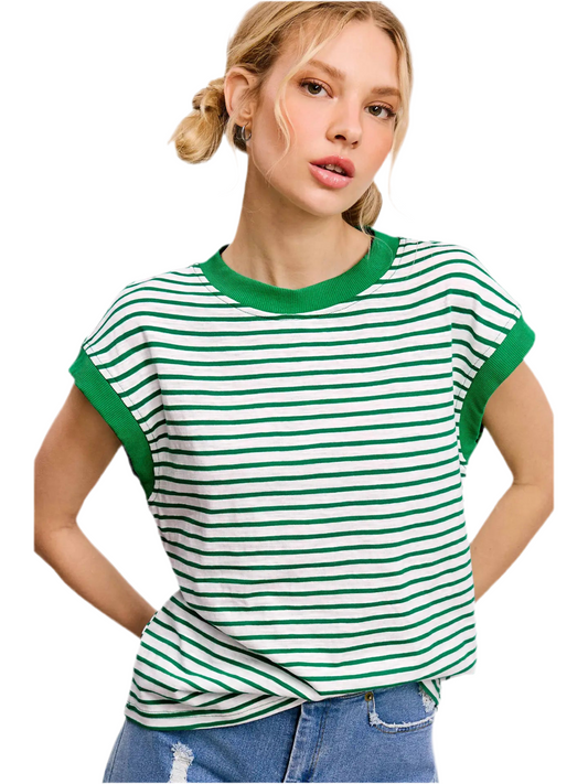 Nautical Cap Sleeve Stripe Top- Green