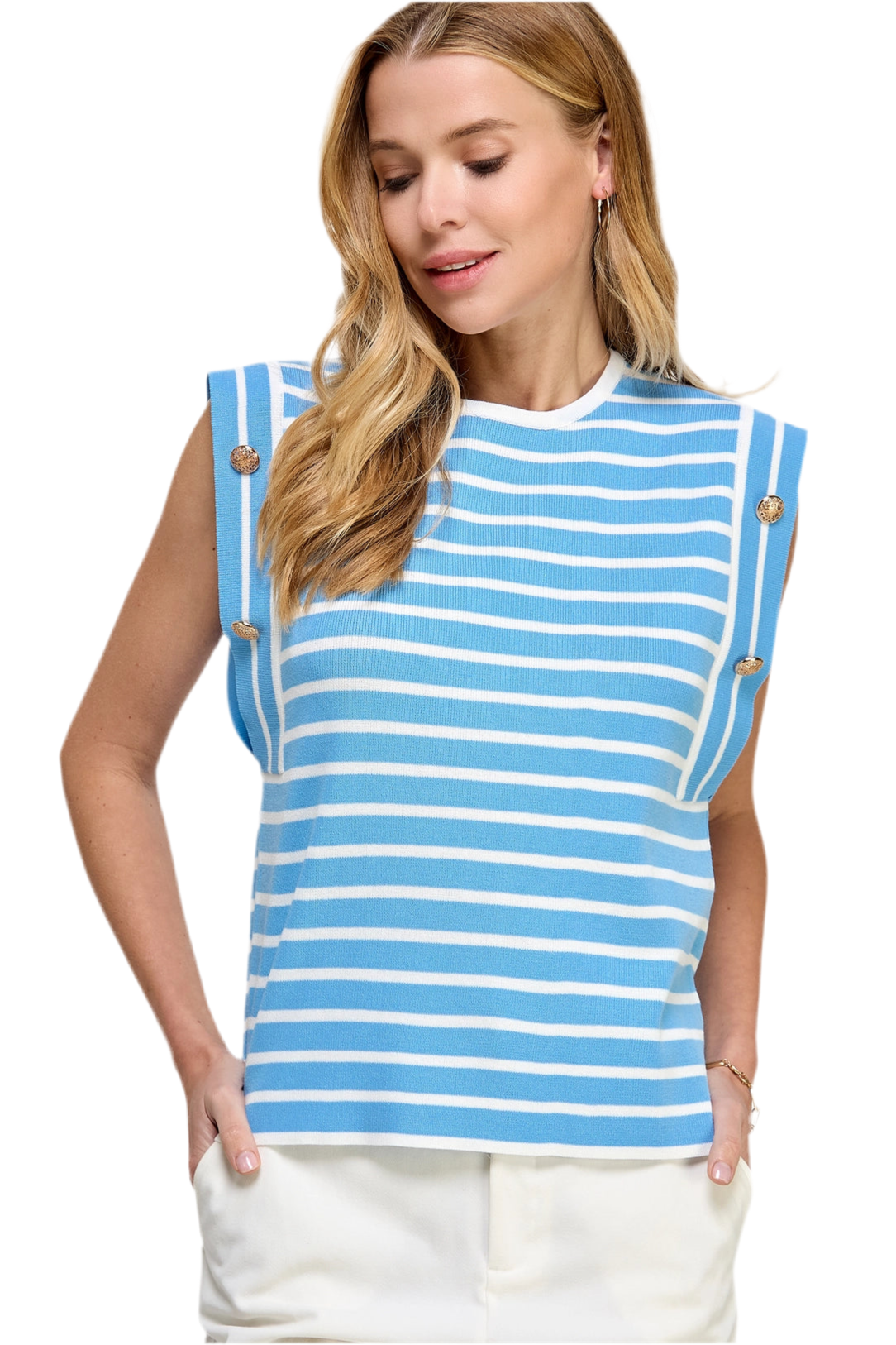 Striped Sleeveless Knit Top- Chambray