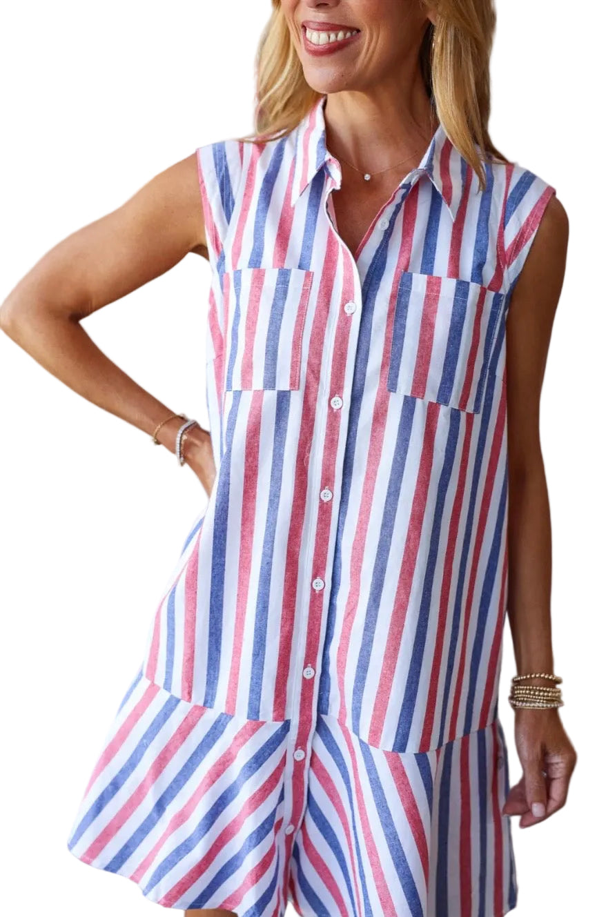 Cap Sleeve striped mini dress- Red/Navy