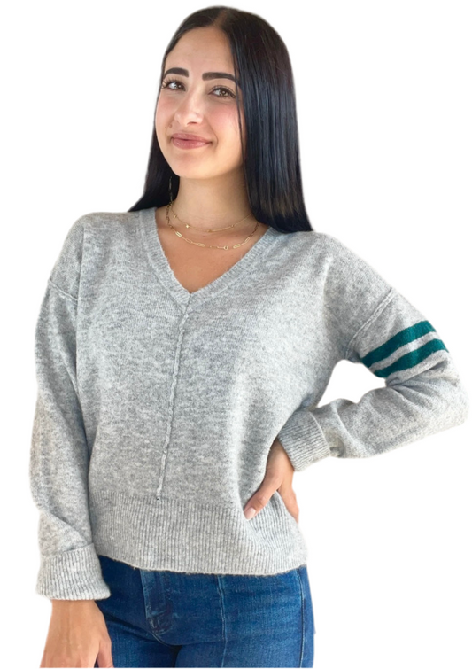 Lucky 7 V-Neck Intarsia Sweater- Heather Grey