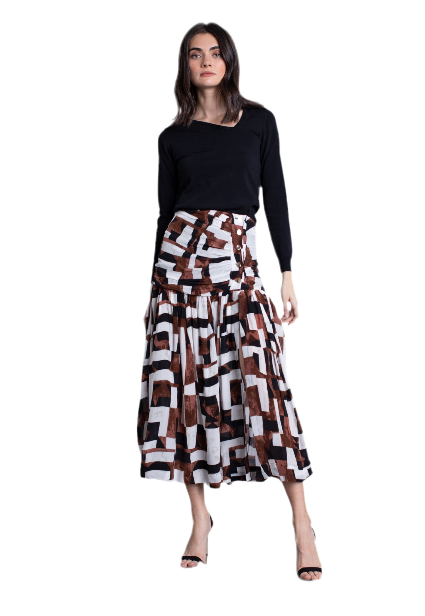 Hailey Print Midi Skirt- Brown Geo