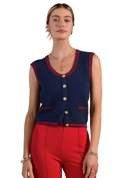 Scoop Neck Sweater Vest- Navy/red