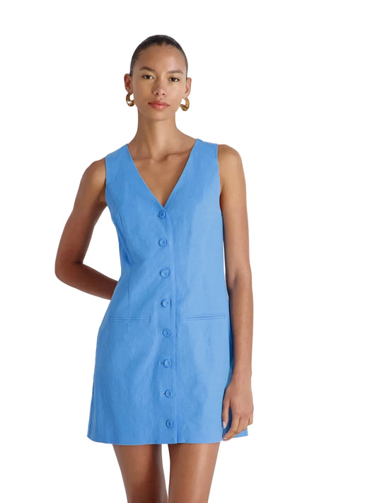 Aspen Linen Button Down Dress- Poolside Blue