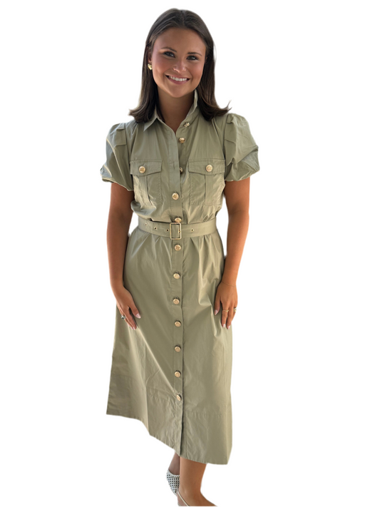 Rima Cotton Button Down Midi Dress- Taupe