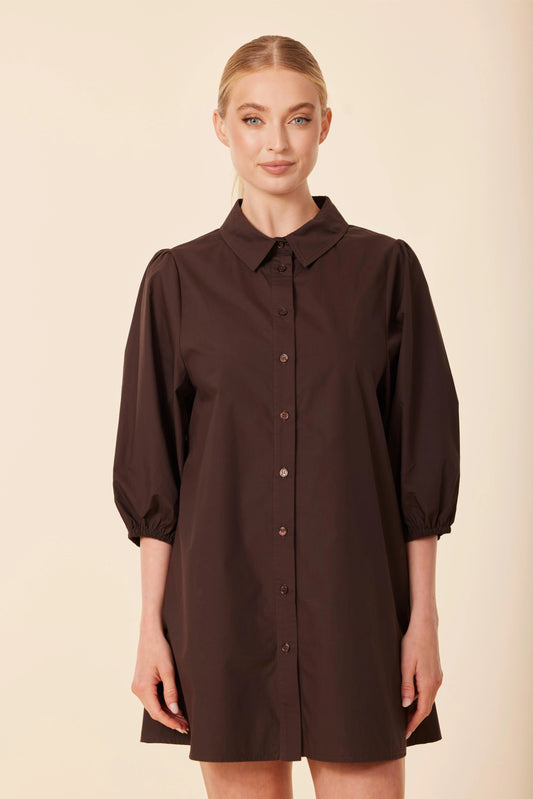 Poplin Exaggerated Sleeve Dress- Brown