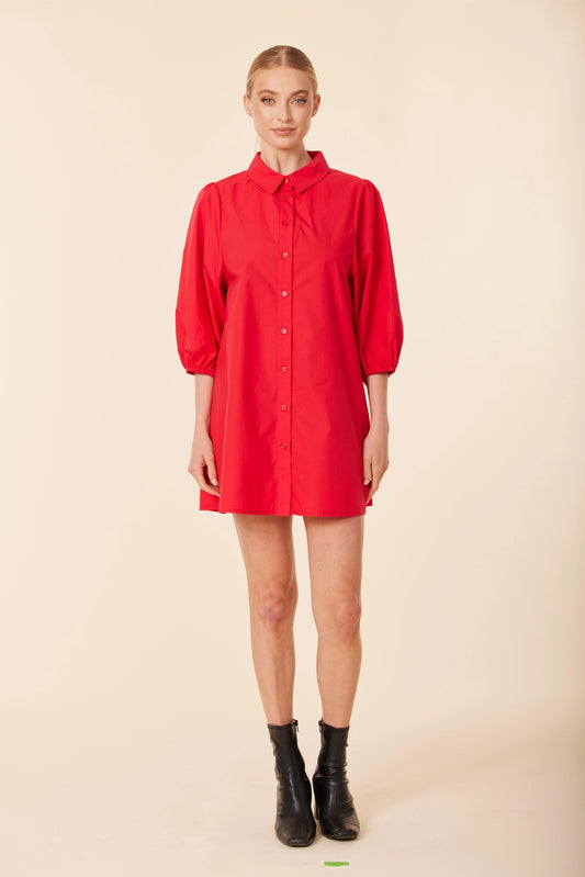 Poplin Exaggerated Sleeve Dress- Red